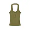 Top Halter Sexy Gola U com Botões de Concha Estilo Europeu e Americano, Nova Moda de Verão Versátil Slim-Fit Cor Sólida Top Garota Picante