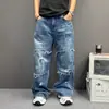 Jeans de Mezclilla Lavada Patchwork Desgastado Estilo Retro Americano Diseño Unisex Pierna Recta Ancha Sueltos Pantalones Largos Pareja
