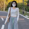 Nova Camisa de Manga Longa Cinza Estilo Coreano para Mulheres, Outono e Primavera, Top Curto Tendência de Inverno Slim Fit