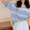 Camiseta de manga corta a rayas bordada con cuello redondo de oso para mujer, verano, nuevo estilo coreano ins, holgada, versátil, casual, top para estudiante
