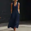 Primavera e Verão 2026 Tiktok Transfronteiriço Europeu e Americano Estilo Preguiçoso Gola V Abotoado Algodão e Linho Vestido Longo Vestido Colete Sem Mangas