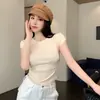Estilo Coreano Verão Cor Sólida Nova Slimming Gola Redonda Manga Curta Camiseta Cropped Hot Girl Top Camada Base Feminina Branco