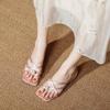 Sandalias de Tacón Grueso Estilo Coreano para Mujer Verano 2025 Nuevas Combinan con Todo Simples de Dedo Tipo Pata de Gallo Punta Cuadrada Satín Perla Sandalias de Tacón Alto para Uso Exterior