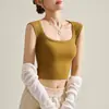 Top Corto de Cuello de Calabaza con Almohadillas en el Pecho, Camiseta sin Mangas Cropped para Mujer, Corte Ajustado, Base de Hombro Ancho, Nuevo Modelo 2026