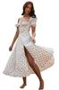 2025 Amazon Nueva Moda de Verano Manga Abullonada Encaje Floral Abertura Falda Larga Vestido Europeo y Americano Mujer Verano