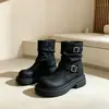2026 Nuevas Botas Negras Cuadradas con Hebilla de Cuero de Media Pantorrilla para Mujer Moda Tacón Bajo Arrugadas de Caballero Botas Largas