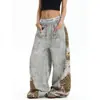 Calça moletom Ganyoou estilo retrô americano tie-dye estampa de leopardo patchwork com contas bainha curva para homens e mulheres, calça casual solta de perna larga
