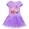 Verano 2023 Nuevo Ropa Infantil de Comercio Exterior Cerdo Peggy Dibujo Animado Estrellas y Luna Europeas y Americanas Dobladillo Vestido Infantil de Algodón de Manga Corta