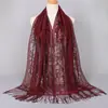 Lenço Xale de Verão Malaio Longo de Gaze Lenço de Cabeça Cor Sólida Renda Vazada Franja Lenço de Seda Estilo Étnico Feminino