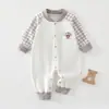 Macacão novo para bebê para primavera e outono, macacão xadrez patchwork 100% algodão com zíper frontal, roupa para passeio de recém-nascido