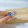 Anel Aberto Pequena Flor Azul Glacial, Anel de Prata Exquisito e Deslumbrante Flor de Duas Cabeças Cheio de Diamantes, Anel Aberto Moderno de Luxo Leve