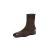 Botas elásticas patchwork com salto grosso de 3,5 cm, bico quadrado versátil, novas botas meia de outono/inverno emagrecedoras, botas femininas da moda