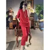 Ropa para Mujer Tallas Grandes Conjunto Estilo Nacional Chino para Mujeres Tallas Grandes Botón de Rana Manga Corta Holgado Top con Abertura Pantalones Casuales de Nueve Décimas Verano Personalizado