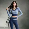 Novo Conjunto de Yoga Falso Duas Peças de Manga Longa com Shorts de Cintura Alta Anti-Exposição Conjunto Feminino Fitness Respirável Emagrecedor Roupa Esportiva