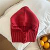 Novo estilo lenço de botão liso com chapéu integrado feminino outono e inverno casal chapéu de lã tricotado quente chapéu feminino para proteção das orelhas