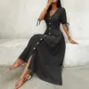 Amazon Aliexpress 2026 Verano Nuevo Estilo Europeo y Americano Ropa de Mujer Vestido Botones Manga Corta Vestido de Algodón Lino Cuello V para Mujer