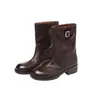 Primer Encuentro Ji Botas Vaqueras Cortas Retro Hebilla de Cuero Botas de Motocicleta Mujer Punta Redonda Tacón Grueso Botas Largas Suela Gruesa Pantalón Botas Mujer