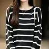 Outono/Inverno 2026 Novo Top Camada Base Malha Canelada Gola Redonda Manga Longa Listrado Color Block Algodão Lã Misturado Feminino