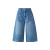 Jeans Clásicos Azules de Pierna Ancha para Mujer, Verano 2026, Pantalones Cortos de Tela Rígida, Ajuste Holgado, Pantalones tipo Cubo, Pantalones de Mezclilla de Longitud Media