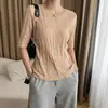Camiseta de punto de manga corta con cuello redondo, estilo nuevo de verano, de Tencel, acetato y algodón, con camelia, con relieve tridimensional, ajuste ceñido