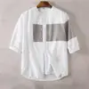 Camisa de Lino y Algodón con Cuello a Juego de Colores Japonesa para Hombre, Manga Siete Octavos a la Moda, Estilo Coreano, Manga Siete Octavos, Lino, Camisa de Manga Media