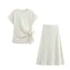 Fabricante Mayorista de Ropa para Mujer Transfronteriza 2025 Top con Cuello Redondo de Manga Corta Adornado Falda Midi Conjunto Suave
