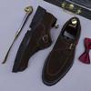 Zapatos de Tacón Grueso con Hebilla Retro, Punta Redonda, Piel de Vaca Mate Genuina, Zapatos de Tacón Alto para Hombre, Mocasines con Plataforma, Zapatos de Cuero para Hombre de Ante