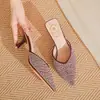Sandálias de Salto Alto Meia-Sapatilha Bico de Cetim com Strass Completo Estilo Francês Simples Elegante Boca Rasa Salto Fino Femininas