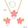 Joyería Dulce Linda Europea y Americana Colgante de Flor de Cerezo Rosa Collar de Acero Inoxidable Aretes de Flor de Cerezo Traje de Joyería de Comercio Exterior para Mujer