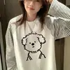 Camiseta de Manga Larga con Estampado de Cachorro de Línea Lindo y Divertido con Rayas en Contraste para Mujer en Primavera y Otoño Holgada Casual Cuello Redondo