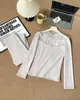 Camiseta térmica de encaje para mujer con cuello semi-alto, otoño e invierno, acanalada, elástica, ajustada, con retazos, manga larga
