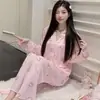 Yue Mian Xuan 17 Estilos Seda Gelada Canelado Manga Longa Calça Longa Conjunto de Pijama Feminino Estilo Coreano Estampado Fino Roupa de Casa