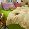 Juego de ropa de cama a rayas amarillo dopamina estilo girlish de algodón puro de clase A, juego de cuatro piezas, funda de edredón para dormitorio de estudiante, juego de tres piezas de sábana 4