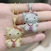 Estilo Hip Hop Lindo Dulce Diamante Gato KT Colgante Collar Anillo Aretes Gato de Dibujos Animados Colgante Traje Elegante