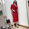 Vestido Tricô Vermelho Ano Novo Feminino Estilo Francês, Elegante e Chique, Vestido Longo Acinturado para Casamento e Brinde