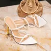 Mules de Tacón Alto de Punta Fina con Tira Blanca para Mujer 2026, Zapatos de Fiesta Abiertos de Tacón de Aguja Dorado Metálico