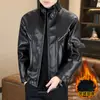 Jaqueta de Couro com Gola Alta para Inverno Masculina, Forrada com Lã, Espessa, Quente, Casual, Jaqueta de Couro Biker de Alta Qualidade com Acabamento Óleo-Cera
