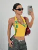 Novidades de verão: Top cropped curto justo com estampa digital, gola halter, sexy, da moda, transfronteiriço europeu e americano, atacado