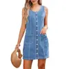 Vestido de verano de mezclilla para mujer, vestido ajustado al cuerpo, vestido sin mangas de un solo botón con cuello en U, vestido de una pieza transfronterizo para mujer