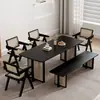 Juego de Mesa y Sillas de Comedor de Madera Maciza para el Hogar Apartamento Pequeño Sencillo Mesa de Comedor Estilo Nórdico Restaurante Mesa Rectangular Tejida con Ratán Estilo Wabi-sabi