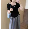 Estilo Casual Gola Quadrada Cordão Mangas Curtas em Ambos os Lados Verão 2025 Novo Estilo Coreano Casual Elegante Cor Lisa Camiseta Top