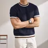Top de Punto Cruzado para Hombre de Manga Corta, Bloques de Color, Rayas, Cuello Redondo, Estilo Old Money, Negocios, Gama Alta, Verano, Seda Helada, Casual