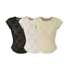26 Verano Nuevo Cuello Redondo Encaje Suave Fragancia Hombro Normal 'Belleza Oxígeno Estilo Deseo Puro Chica Popular Ajustado Manga Corta Camiseta Top