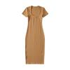 Moda feminina europeia e americana nova de verão vestido de cor sólida gola U profunda pêssego sexy fenda alta bainha curta manga curta S1527