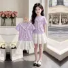 2026 Chal Rayado Manga Corta Estilo Coreano Dulce Adornado con Encaje Falda Corta Tipo Pastel Moda Conjunto de Dos Piezas Suave