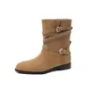 Botas Western estilo coreano, corte relajado, hebilla de cuero, colección otoño/invierno 2026, tacón bajo grueso, punta redonda, botines de piel genuina, talla de mujer 41