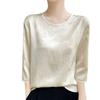 2025 Nuevo Estilo de Verano Satén Sedoso Cuello Redondo Manga Tres Cuartos Camiseta de Mujer Jacquard de Uva Jersey Camiseta Base Top