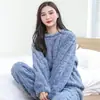 Pijama de Coral Fleece de Invierno para Mujer, con Terciopelo Plus, Bata Gruesa de Franela, Conjunto Suelto de Terciopelo de Algodón Shu Jacquard