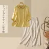 342 Conjunto#Cânhamo Algodão Linho Conjunto Completo Mulher Verão Camisa de Linho Calça de Perna Larga Casual Roupa de Mãe Conjunto de Duas Peças