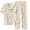 Atacado Dropshipping Gola Estampa de Morango Manga Curta Calça Longa Algodão Puro Crepe Pijama Feminino Confortável Pode Ser Usado Fora Pijama